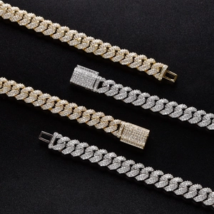 Detailed macro view of 10mm iced-out Cuban link chain with micro-paved zircon crystals