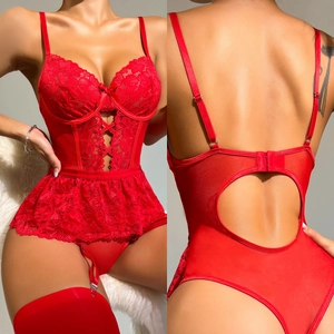 Body En Dentelle Sexy Avec Porte Jarretelles Et Bas Lingerie En Maille Ajourée Décor De Nœud Ourlet À Volants Pour Femmes