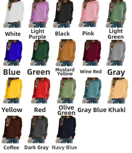 Detailed color chart showing 18 vibrant shades for the crew neck long sleeve sweatshirt