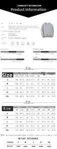 Detailed size chart for family print sweatshirt with bust and sleeve measurements