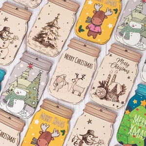 Christmas mason jar wooden hanging tags with festive snowman and reindeer illustrations