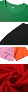 Detail shot of multi-color crewneck T-shirt seams and durable cotton knit texture