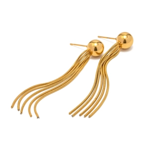 Elegant 18K gold plated stainless steel bead stud earrings with long tassel snake chains
