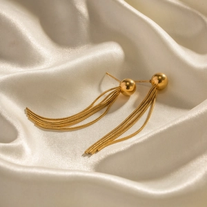 Fashionable 18K gold plated stainless steel stud earrings with long chain tassels