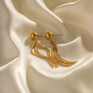 Elegant 18K gold plated stainless steel bead tassel earrings on white silk background