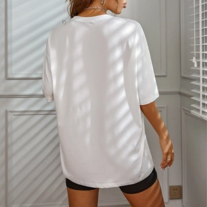 White oversized drop shoulder T-shirt with Let's Drink About It print back view
