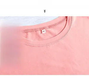 Detailed view of a pink cotton T-shirt neckline with double stitching and XXL size tag