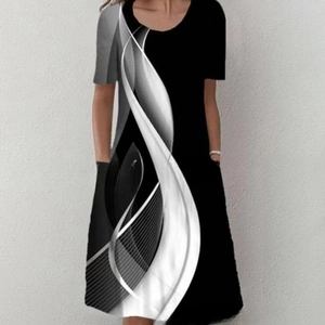 Women's black short sleeve dress with white abstract curve print and round neck design