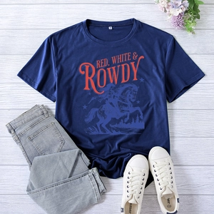 Detail of navy cotton t-shirt featuring Red White & Rowdy vintage horse print and crew neck