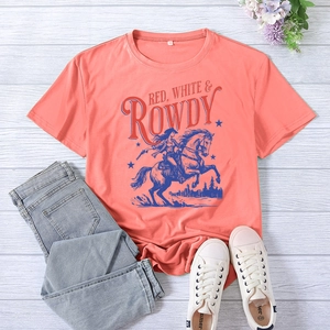 Flat lay of salmon pink cotton T-shirt with American vintage rider print and denim jeans