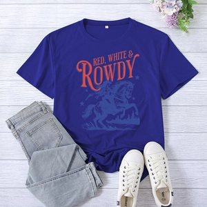 Close-up of vintage Red White & Rowdy print on royal blue cotton T-shirt with horse rider