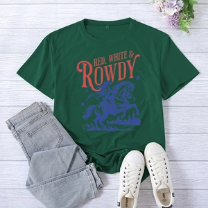 Flat lay of dark green T-shirt with vintage Red White and Rowdy horse rider print