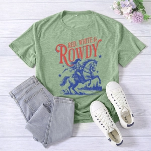 Detail of green T-shirt with Red White and Rowdy print on white wood background