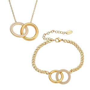 Schmuckset aus vergoldetem Edelstahl mit doppelten Ringen und Zirkonia-Steinen