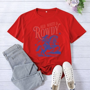 Flat lay of red cotton t-shirt with American vintage horse print and denim jeans decor