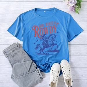 Detail of blue T-shirt featuring American vintage Red White & Rowdy horse print