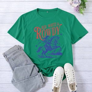 Detail of green T-shirt with Red White and Rowdy western rider print on wood background