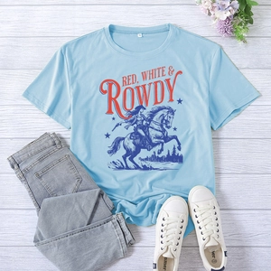 Flat lay detail of light blue Red White Rowdy equestrian print T-shirt with denim jeans