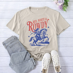 Close-up of Red White Rowdy graphic print on beige vintage cotton t-shirt flat lay