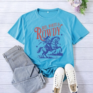 Close-up of blue cotton T-shirt featuring vintage Red White & Rowdy horse riding print