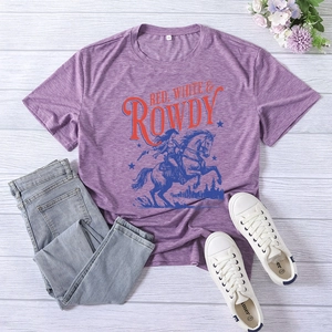 Detail of vintage cowboy horse print on purple cotton t-shirt with classic crew neck