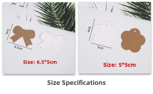 Size chart for bow and flower shaped kraft paper gift tags for DIY crafts