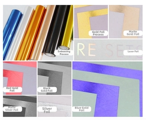 Macro detail of various hot stamping foil colors including matte and laser finish effects