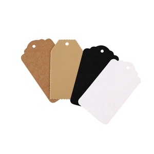 Vintage scalloped edge kraft gift tags in black, white, and brown with pre-punched holes