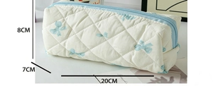 Quilted blue bow pencil case dimensions detail showing 20cm length and 8cm height