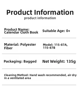 Specifications of polyester baby calendar cloth book with weight and age details