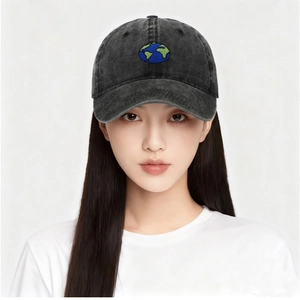 Faded dark grey washed cotton baseball cap with colorful earth embroidery and curved brim