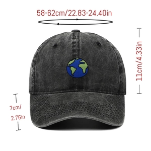 Washed black denim baseball cap with earth embroidery and 7cm wide brim for sun protection