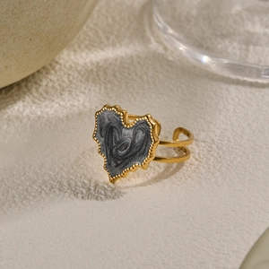 Gold vintage heart ring with dark enamel inlay and adjustable open band design