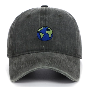 Close-up of earth embroidery on washed dark grey vintage cotton baseball cap