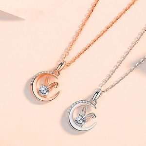 Moon Rabbit Moissanite Pendant Necklace For Women Copper Rose Gold Silver Plated Crescent Moon Bunny Jewelry Birthday Gift