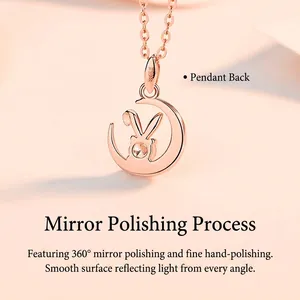 Rose gold moon rabbit necklace pendant with moissanite showing a 360-degree mirror polish