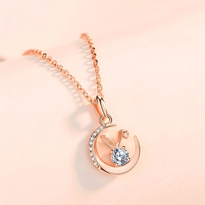 Rose gold moon rabbit necklace with sparkling moissanite pendant for women elegant jewelry