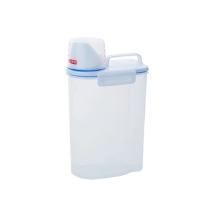 Detail of plastic storage container with blue handle lid and graduated measuring cup