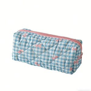 Quilted gingham pencil case with blue checkered pattern and pink bow prints