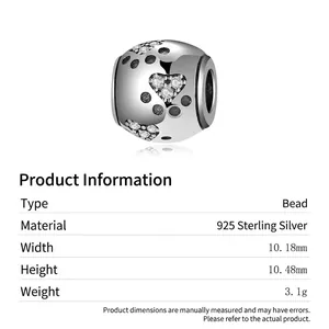 S925 sterling silver heart-shaped bead with sparkling dog paw print and cubic zirconia