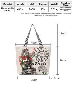 Detailed size chart and dimensions of the floral Paris printed canvas tote bag