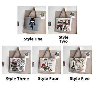 Detail showing five canvas tote bags with cartoon, Eiffel Tower, and floral prints