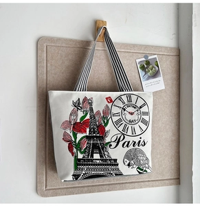 Detail of Paris Eiffel Tower print canvas tote with black and white striped handles