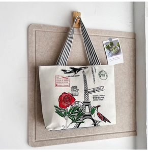 Detailed close-up of a beige canvas tote bag with vintage travel prints and striped handles
