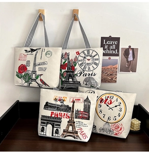 Detail view of retro canvas tote bags with travel prints and striped handles on wood