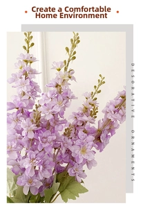 Detail of purple artificial delphinium branch with realistic flower texture for home decor