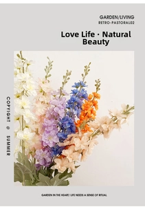 Close-up of artificial delphinium flowers in multiple colors for home floral decoration