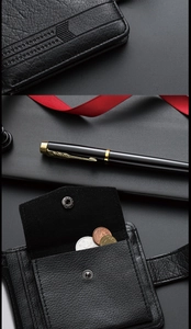 Detail einer schwarzen Geldbörse aus Litschi-Leder mit Münzfach und Metalldruckknopf