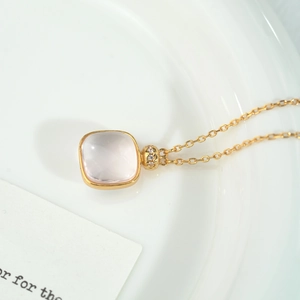 Elegant S925 silver necklace featuring a square pink quartz pendant with small diamonds