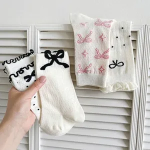 Women Crew Socks Cotton Blend Bow Knot Polka Dot Lettuce Edge Sweet Japanese Style Breathable